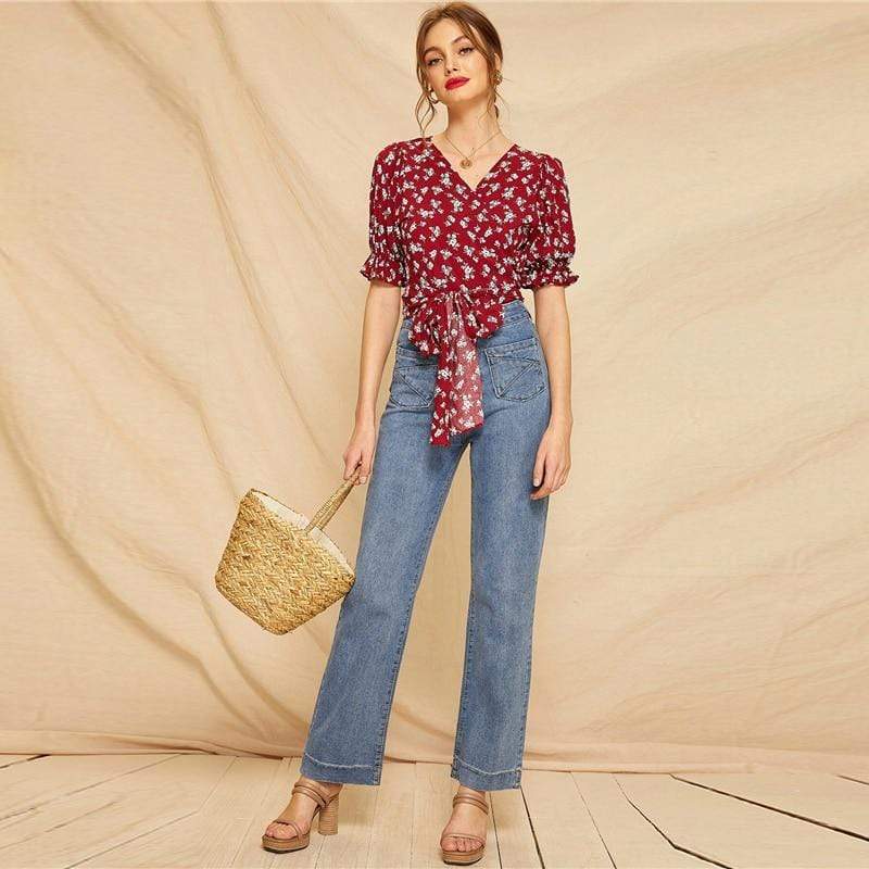 KYKU Store Tops Ditsy Tie Wrap Blouse