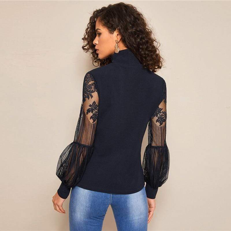 SheIn Official Store Lantern Mesh Blouse Tops