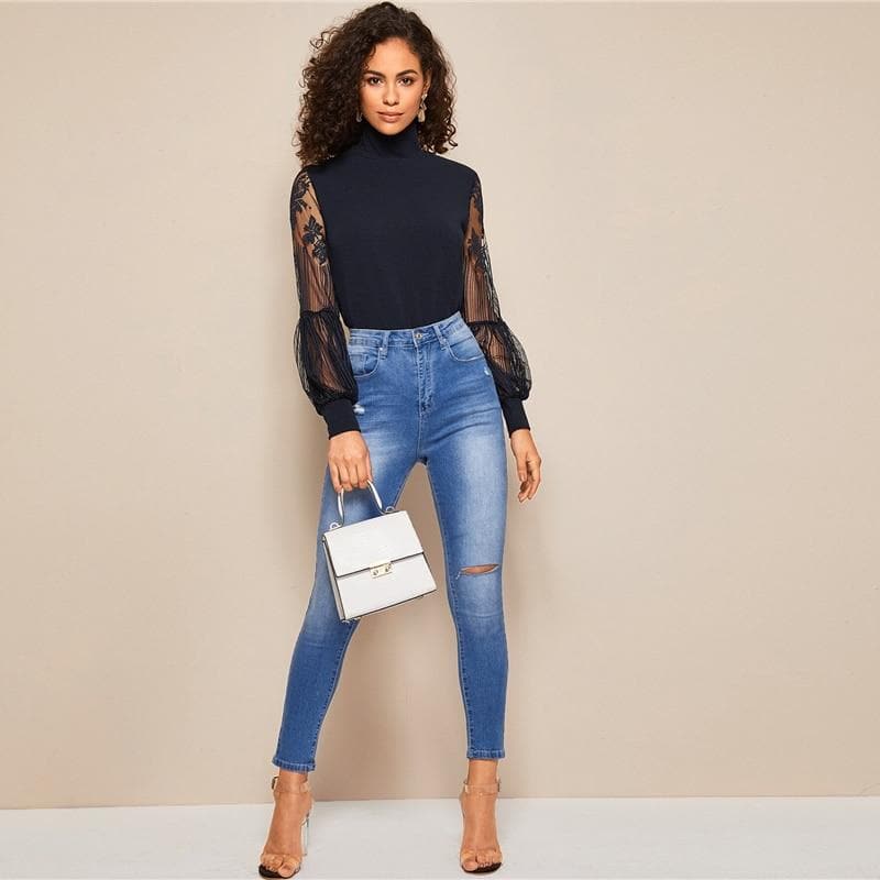 SheIn Official Store Lantern Mesh Blouse Tops