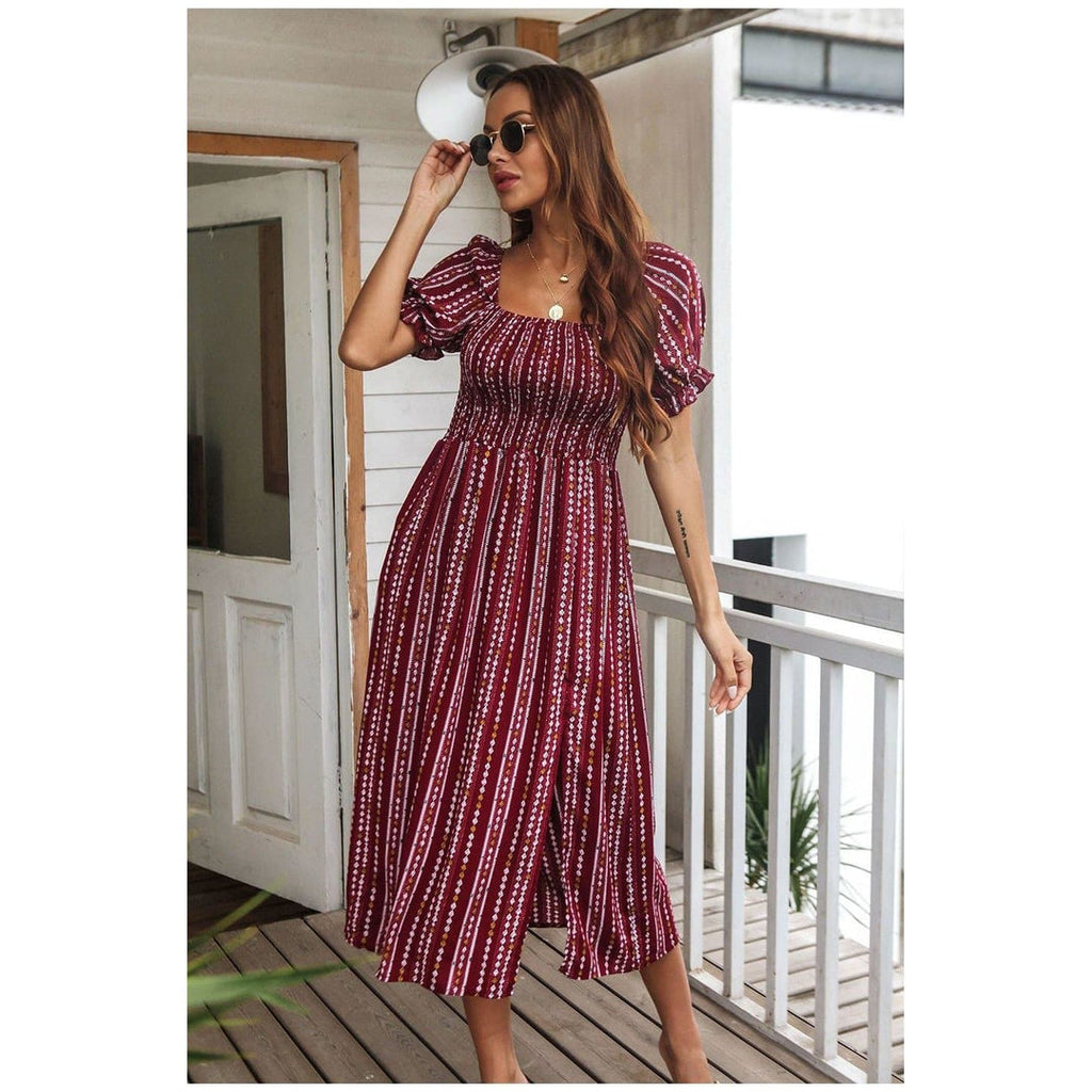 Boho Chic Clothing SHORT SLEEVE PRINTED MIDI DRESS Casual
