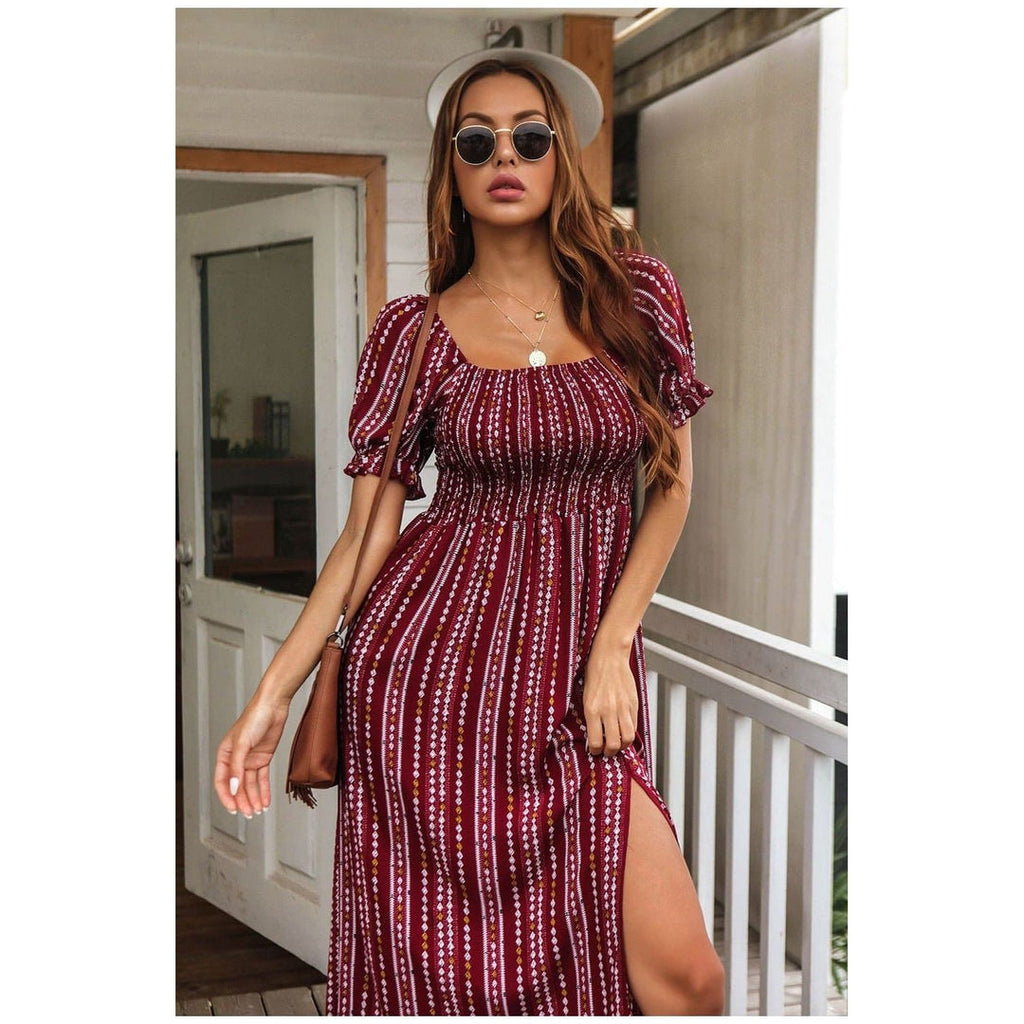 Boho Chic Clothing SHORT SLEEVE PRINTED MIDI DRESS Casual