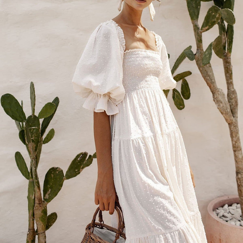 Boho Chic Clothing Casual SQUARE NECK RUFFLE MIDI DRESS