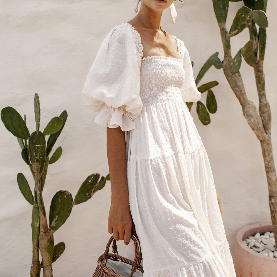 Boho Chic Clothing Casual SQUARE NECK RUFFLE MIDI DRESS