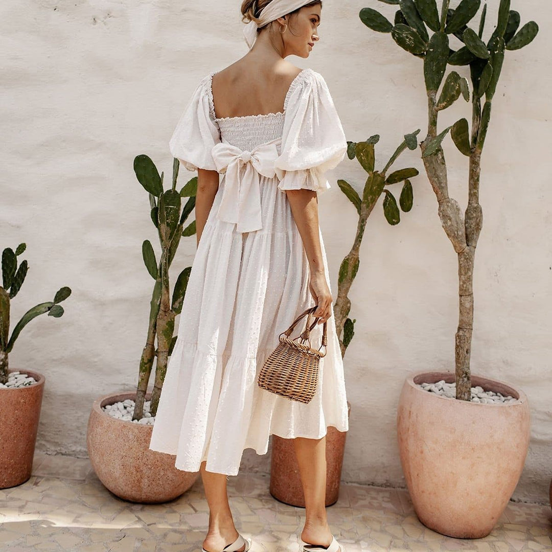 Boho Chic Clothing Casual SQUARE NECK RUFFLE MIDI DRESS