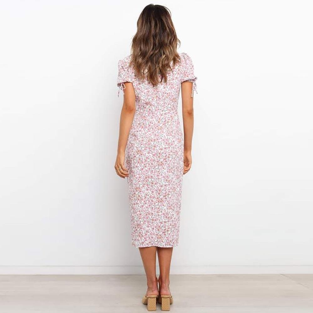 Boho Chic Clothing FLORAL DEEP V NECK MIDI DRESS Casual