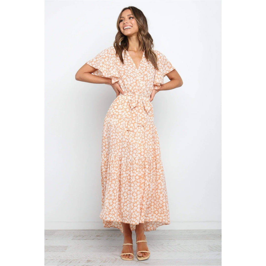 Boho Chic Clothing Casual FLORAL V NECK MIDI DRESS
