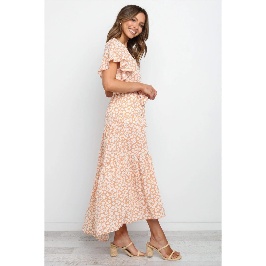 Boho Chic Clothing Casual FLORAL V NECK MIDI DRESS