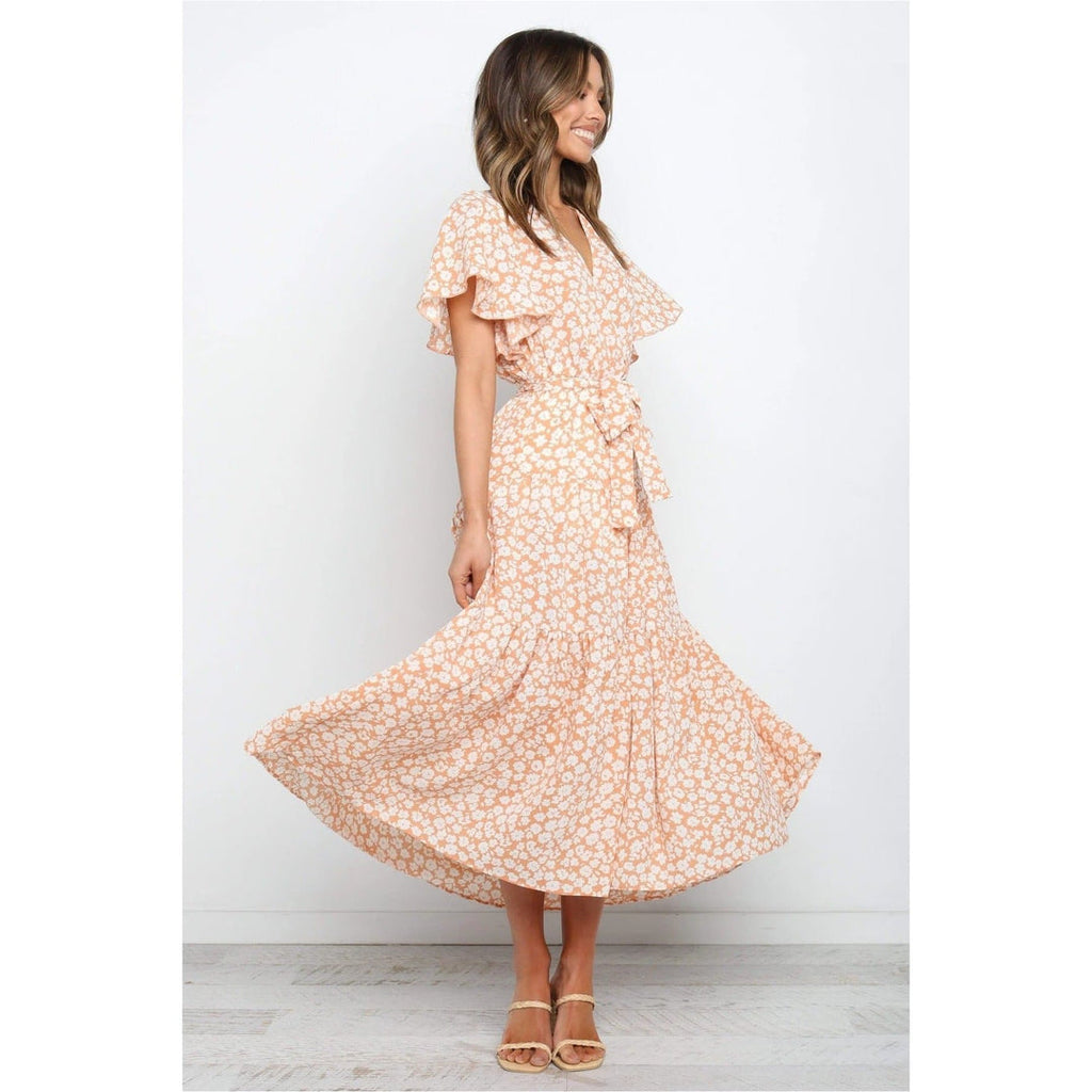 Boho Chic Clothing Casual FLORAL V NECK MIDI DRESS