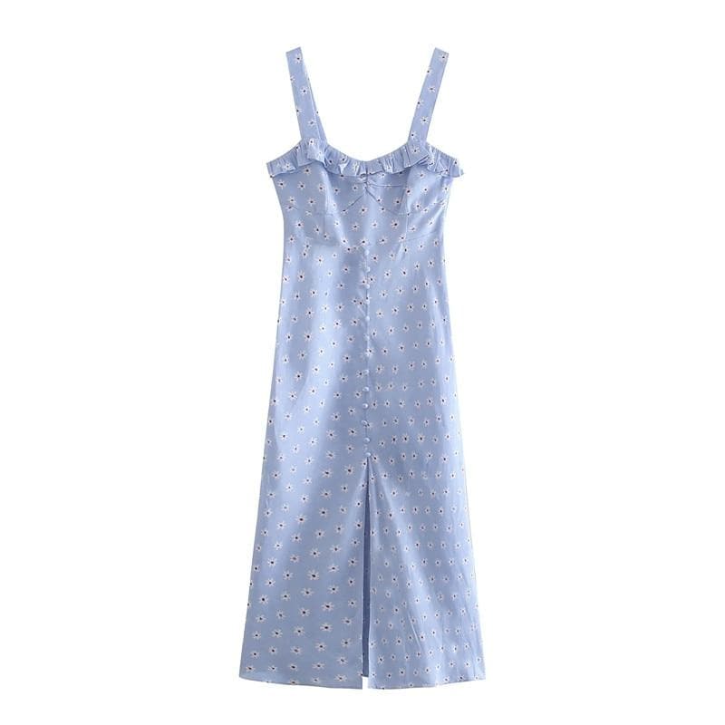 Boho Chic Clothing BLUE FLORAL SLIT MIDI DRESS Casual
