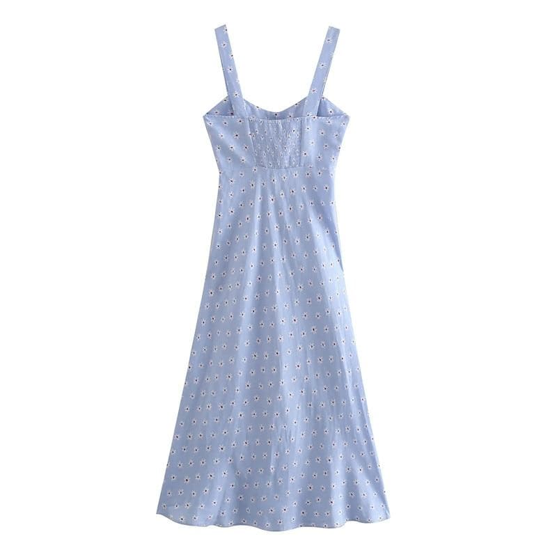Boho Chic Clothing BLUE FLORAL SLIT MIDI DRESS Casual