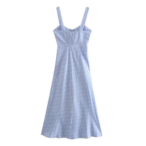 Boho Chic Clothing BLUE FLORAL SLIT MIDI DRESS Casual