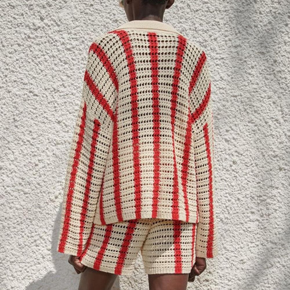 Boho Chic Clothing STRIPED HOLLOW KNITTED CARDIGAN Sweaters
