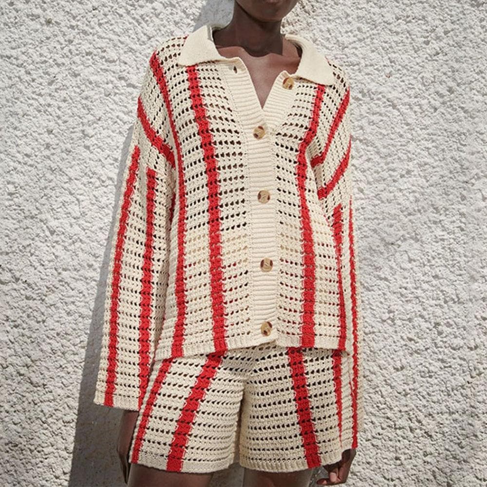 Boho Chic Clothing STRIPED HOLLOW KNITTED CARDIGAN Sweaters