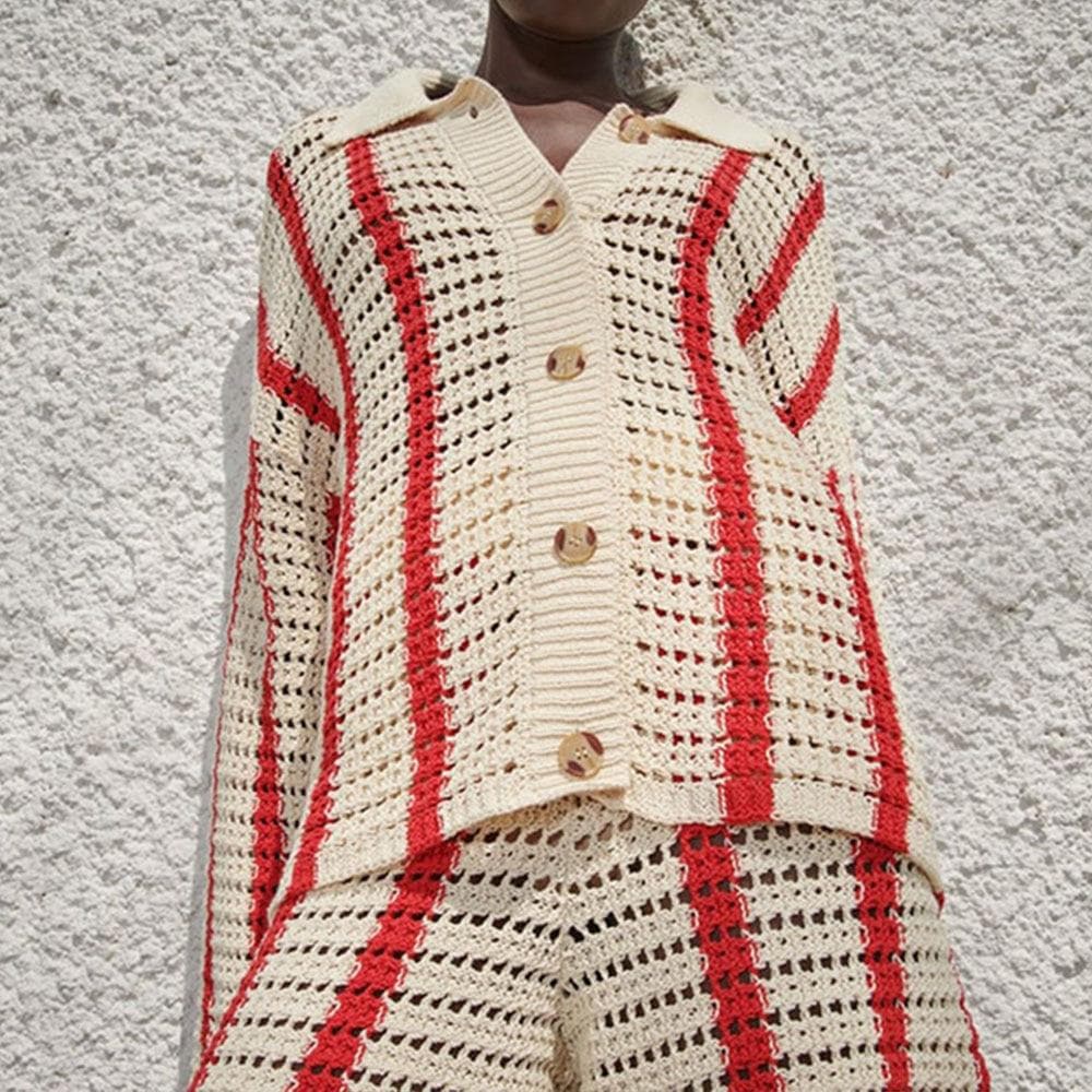 Boho Chic Clothing STRIPED HOLLOW KNITTED CARDIGAN Sweaters